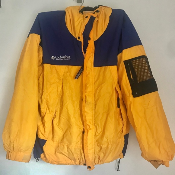 blue and yellow columbia jacket